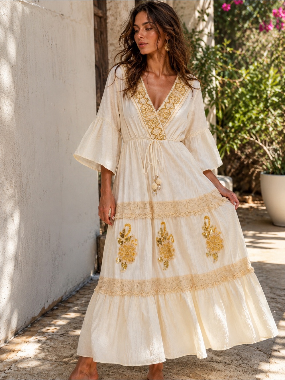 Boho Embroidered V-Neck Maxi Dress - Cream with Gold Accents